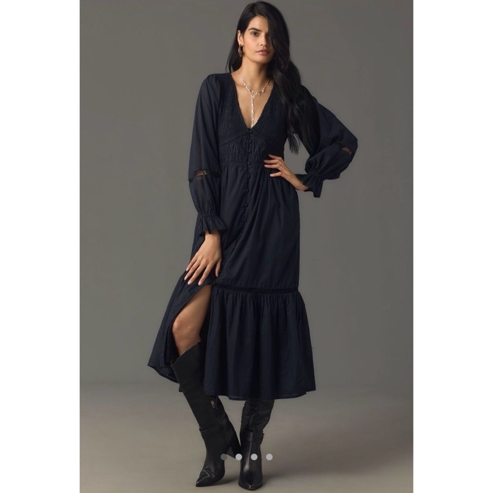 Anthropologie Midi Black Long-sleeve Dress
